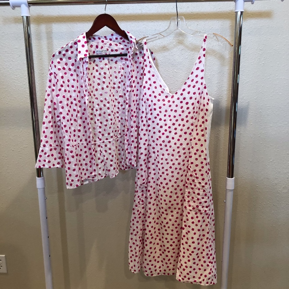 Jill Mcgowan Pink Polka Dot dress and cardigan.